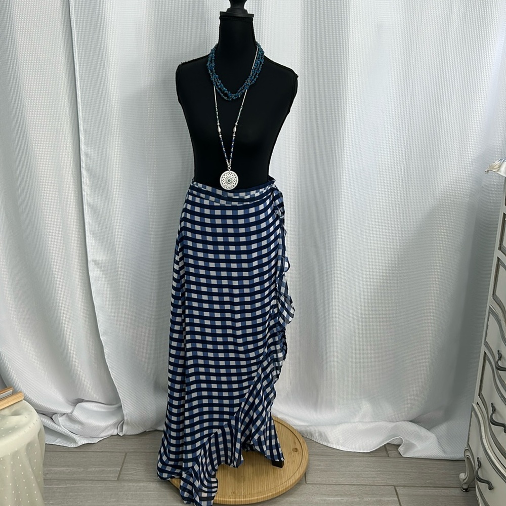 Blue and White Gingham Checkered Women's  Wrap Skirt